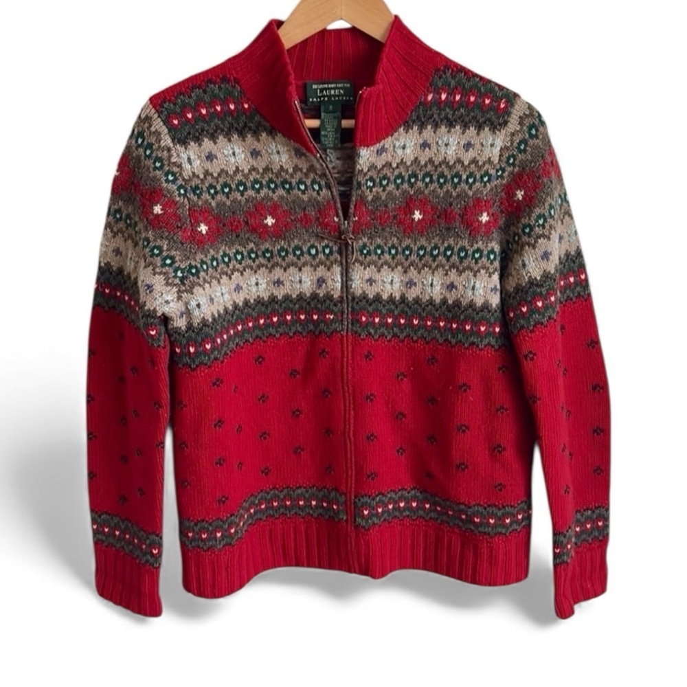 Lauren Ralph Lauren Hand Knit Lambswool Fair Isle Zip Cardigan Sweater SMALL